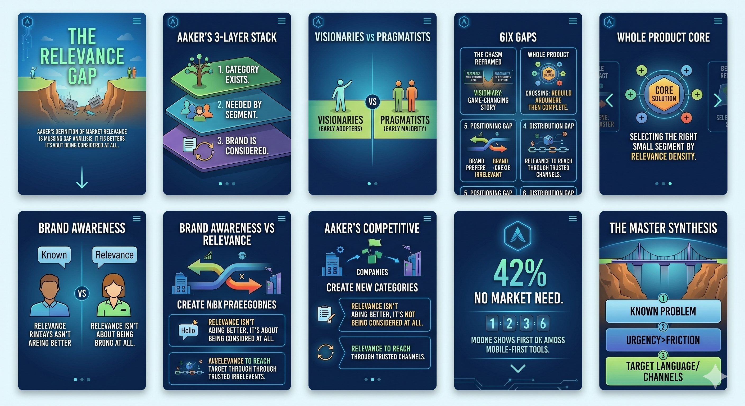 Ten visual framework cards summarising the Relevance Gap across Moore’s layers